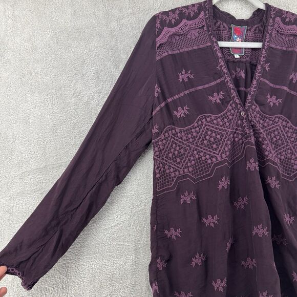 Johnny Was Top S Burgundy Floral Tunic Boho Embroidered V-Neck Long Sleeve - Picture 5 of 13